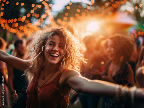 Young blonde woman with curly hair dancing merrily at night music festival, fun, carefree