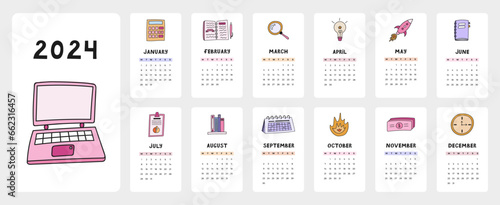 Cute calendar template for 2024 year with creative business doodles. Calendar grid with weeks starts on Monday for home or corporate office. Vertical monthly calender layout for planning