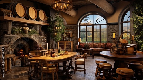 an inviting wine tasting room with barrel tables and rustic charm, inviting wine enthusiasts to savor the flavors of the vine