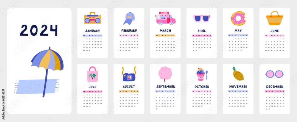 Cute calendar template for 2024 year with tropical summer illustrations. Calendar grid with weeks starts on Monday for kids nursery or corporate design. Vertical monthly calender layout for planning - obrazy, fototapety, plakaty 