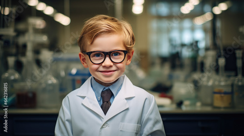 Little boy portrays a scientist in a classroom or lab.