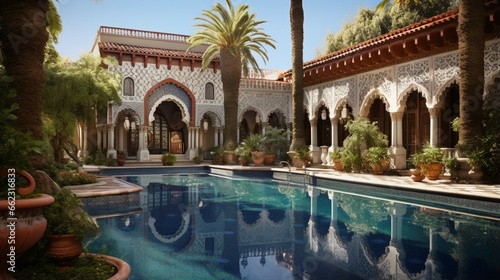 an ornate, Moorish-style palace with intricate tilework and lush gardens, a testament to cultural richness