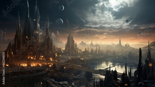 an otherworldly cityscape on a distant planet, where imagination and innovation have shaped a new reality photo