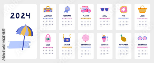 Cute calendar template for 2024 year with tropical summer illustrations. Calendar grid with weeks starts on Monday for kids nursery or corporate design. Vertical monthly calender layout for planning