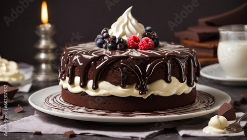Chocolate cake with liquid cream.