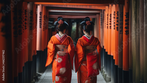 Two geishas among red wooden Tori Gate in Kyoto, Japan
