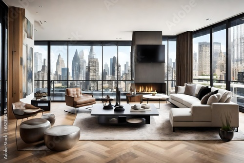 modern living room with fireplace 4k HD quality photo.  © zooriii arts