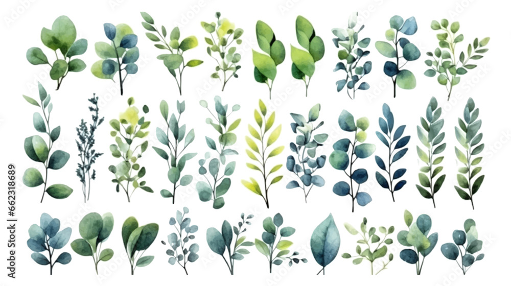 Vector elements set collection of tropical green eucalyptus in Watercolor style. Illustration for cosmetics, spa, beauty care products, Wedding Invitation, save the date, thank you, greeting card. - obrazy, fototapety, plakaty 