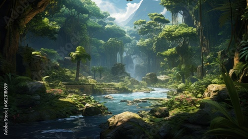 Scene of a river adventure through a dense jungle  with wildlife  ancient ruins  and the excitement of exploration game art
