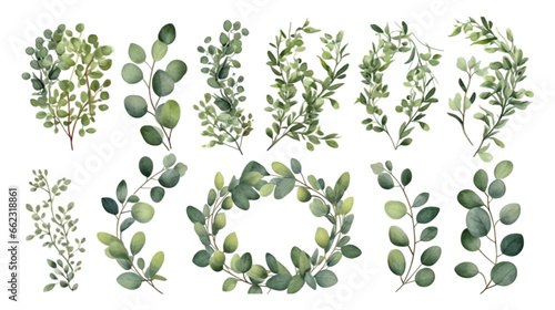Vector elements set collection of tropical green eucalyptus in Watercolor style. Illustration for cosmetics, spa, beauty care products, Wedding Invitation, save the date, thank you, greeting card.