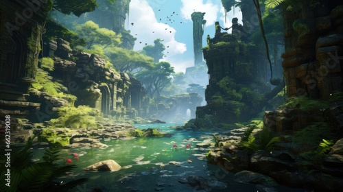 Scene of a river adventure through a dense jungle  with wildlife  ancient ruins  and the excitement of exploration game art