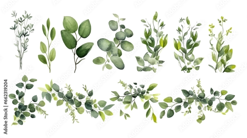 Vector elements set collection of tropical green eucalyptus in Watercolor style. Illustration for cosmetics, spa, beauty care products, Wedding Invitation, save the date, thank you, greeting card.