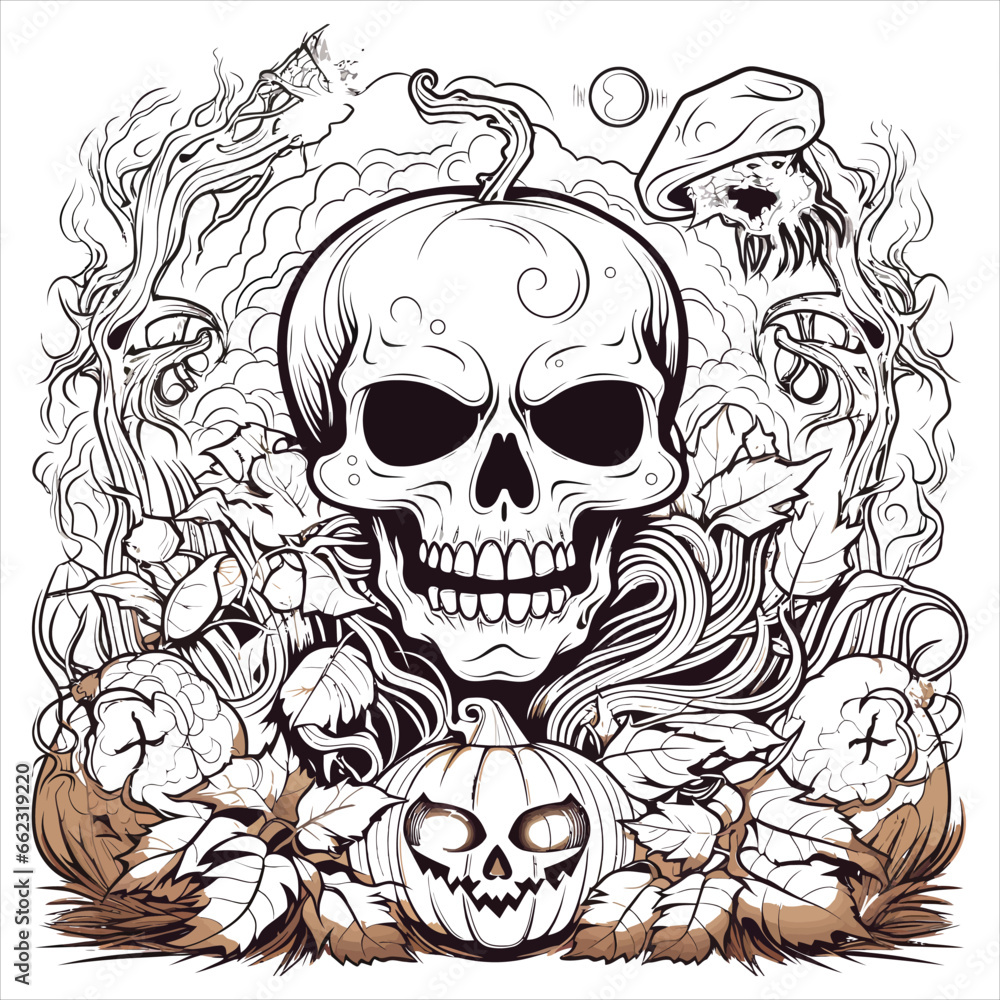 Fototapeta premium Happy Halloween. Halloween pumpkin with candies. Black and white vector illustration for coloring book 