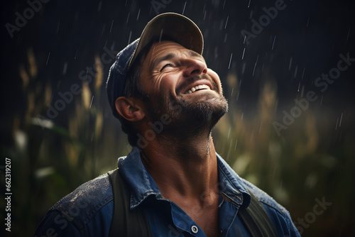 A happy farmer in a sown field getting soaked in the rain looking at the sky grateful and excited because it is raining. Drought, climate, weather and environmental issues concept