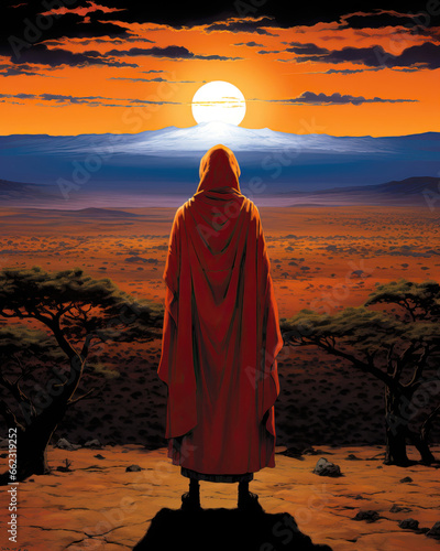 Buddhist monk in the desert at sunset. Vector illustration