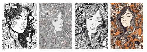 Set collection elegant woman’s faces line art style with flowers. Beautiful female fashion face Vector illustration poster. A4/A3 Abstract art style for prints, tattoos, posters, textile, cards etc.
