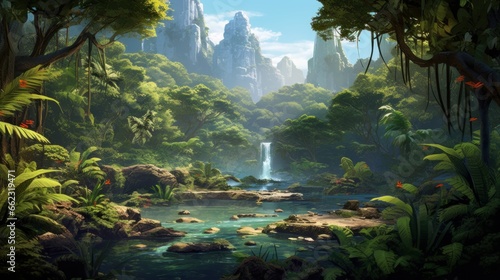 Scene of a river adventure through a dense jungle  with wildlife  ancient ruins  and the excitement of exploration game art