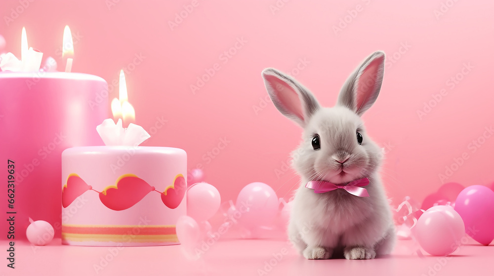 A toy grey fluffy rabbit with gifts on a pink background. Cute bunny with a pink bow. The concept of birthday greetings, for girls. Girly style. Copy space. A toy grey fluffy rabbit with gifts on a pink background. Cute bunny with a pink bow. The concept of birthday greetings, for girls. Girly style. Copy space.