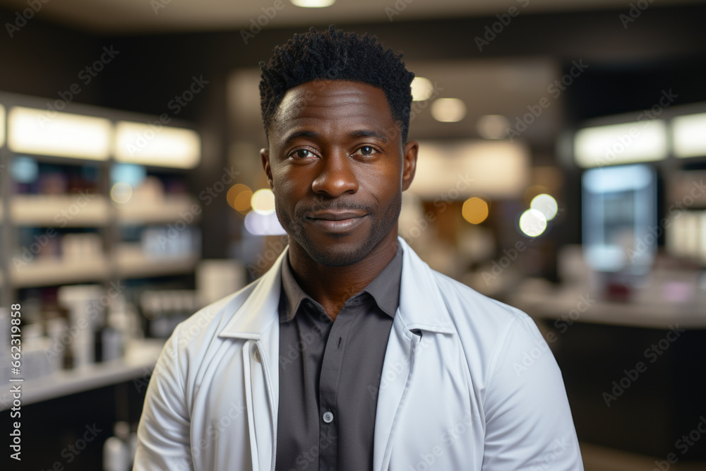 African pharmacist doctor stands on background of shelves with drugs in pharmacy African pharmacist doctor stands on background of shelves with drugs in pharmacy