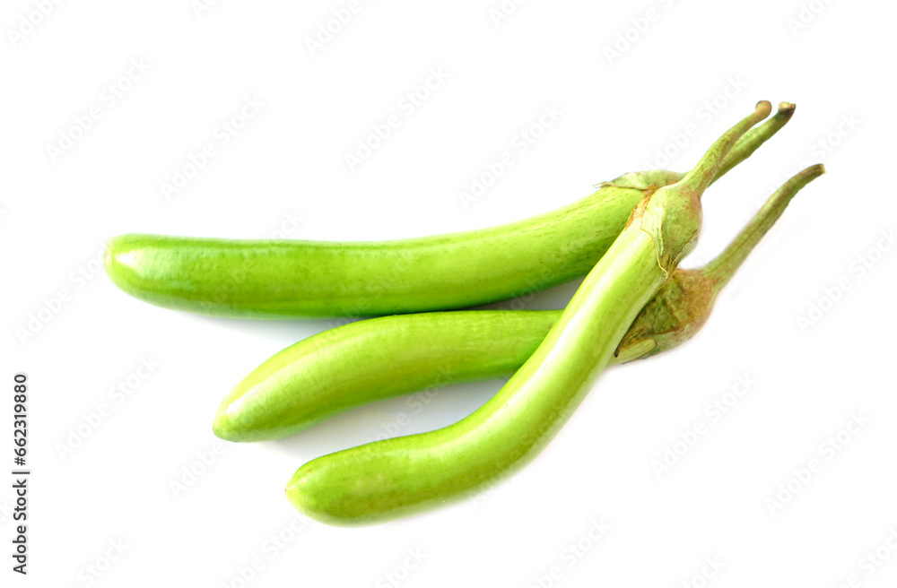 Green long eggplants isolated on white background. Concept, agriculture crop in Thailand. Food ingredient which can be cooked for variety delicious menu. Healthy eating, high fiber, reduce cholesterol Green long eggplants isolated on white background. Concept, agriculture crop in Thailand. Food ingredient which can be cooked for variety delicious menu. Healthy eating, high fiber, reduce cholesterol