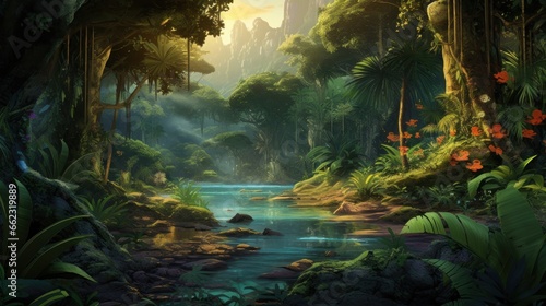 Scene of a river adventure through a dense jungle, with wildlife, ancient ruins, and the excitement of exploration game art © Damian Sobczyk