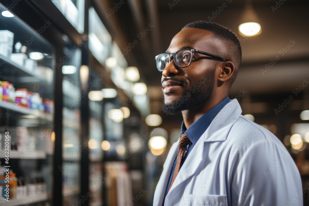 African pharmacist looking at shelves with medicines choosing medicine for customer in pharmacy African pharmacist looking at shelves with medicines choosing medicine for customer in pharmacy