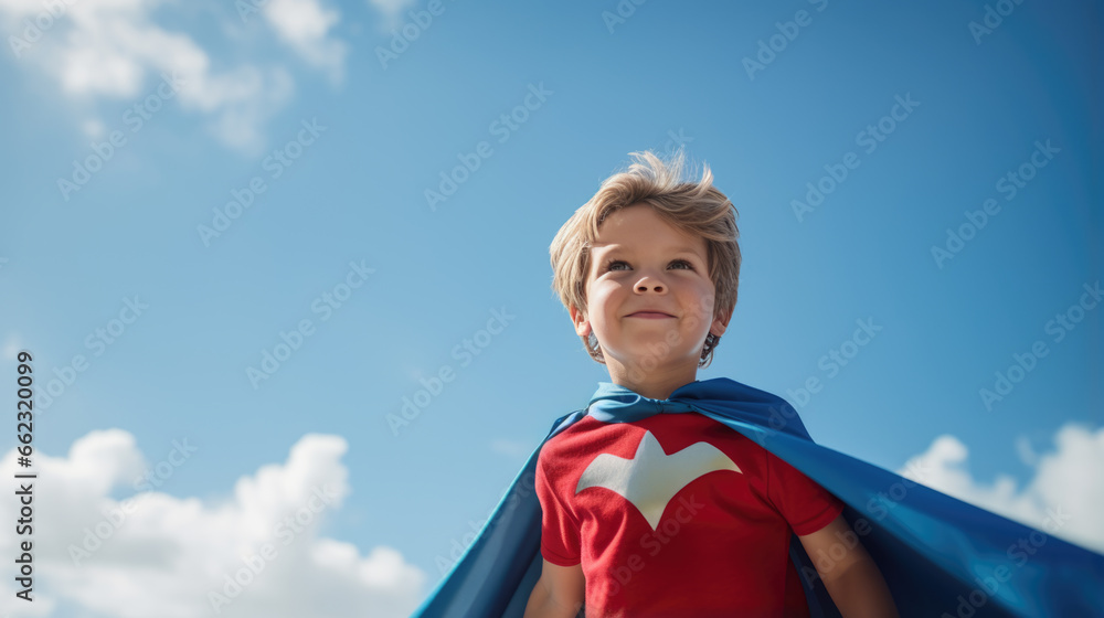 Smiling superhero boy on blue sky background
