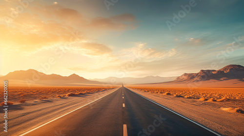 Road through landscape. Road and car travel scenic and sunset.Road travel concept.Car travel adventures.