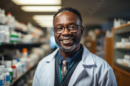 Mature Pharmacist doctor on background of shelves with drugs in pharmacy