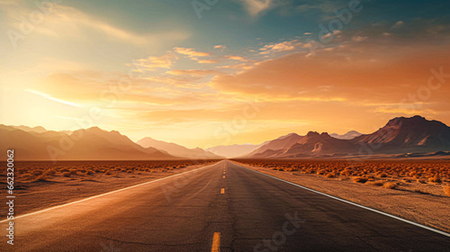 Road through landscape. Road and car travel scenic and sunset.Road travel concept.Car travel adventures.