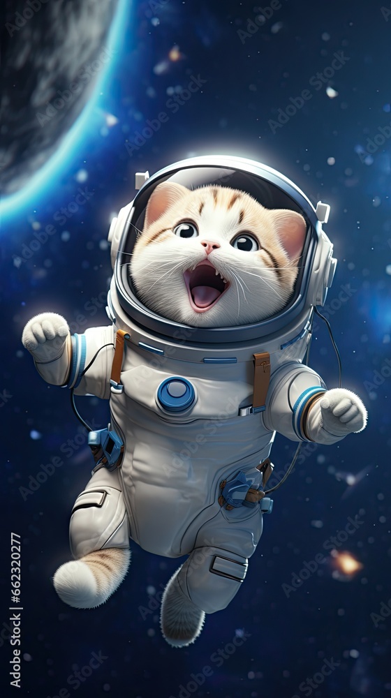 3D illustration, cute kitty dressed like an astronaut in the space 3D illustration, cute kitty dressed like an astronaut in the space
