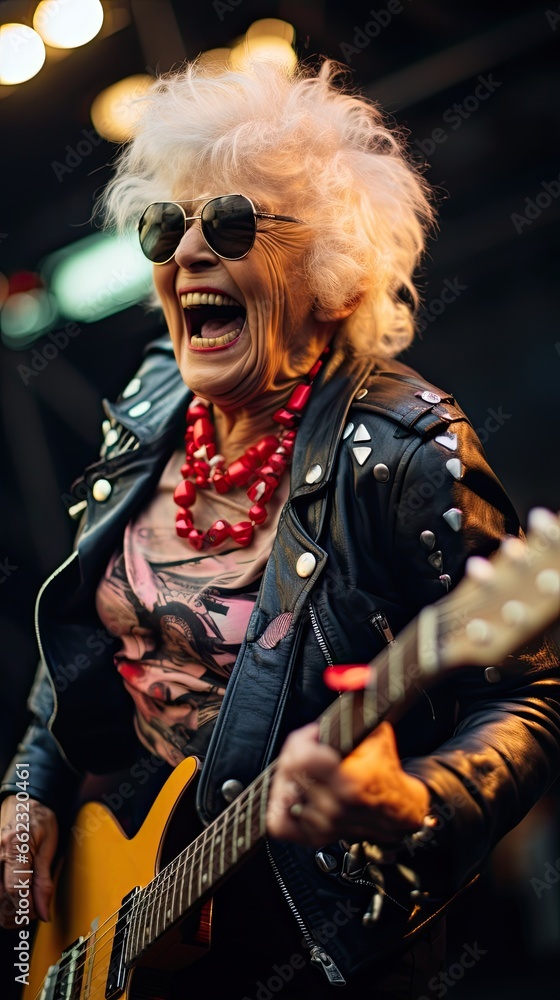 Senior woman playing guitar as a rock star.