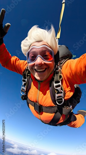 Elderly woman skydiving