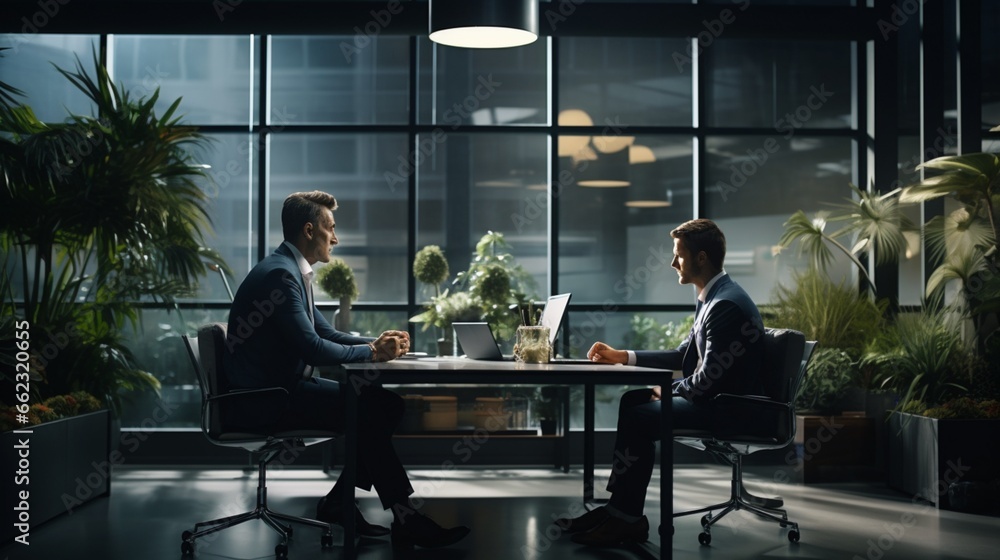 A CEO confronts an underperforming employee in a sleek, contemporary office space A CEO confronts an underperforming employee in a sleek, contemporary office space