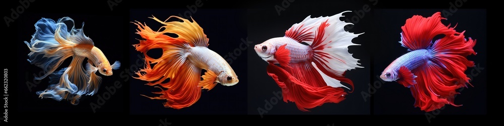 Photo of Betta fish with four color variations on a black background. Generative AI Photo of Betta fish with four color variations on a black background. Generative AI