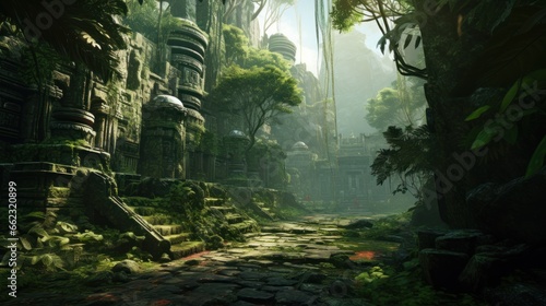 Landscape within a dense jungle, hiding ancient temples, overgrown vines, and mysterious encouraging players to unravel the secrets of the past game art