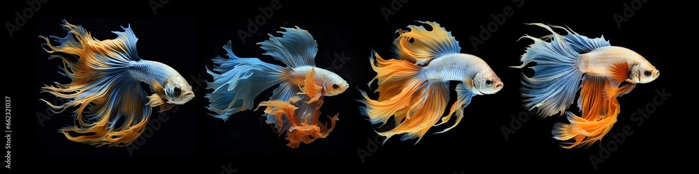 Photo of Betta fish with four color variations on a black background. Generative AI Photo of Betta fish with four color variations on a black background. Generative AI