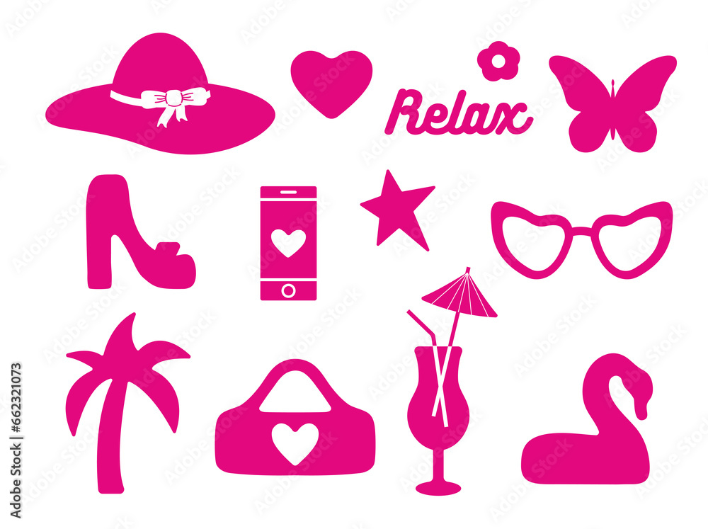 Popular pink collection for girls. a heart, a daisy, a hat, a shoe, a butterfly, a star. logo, sticker, isolated elements on a white background. for print, banners, postcards. art png