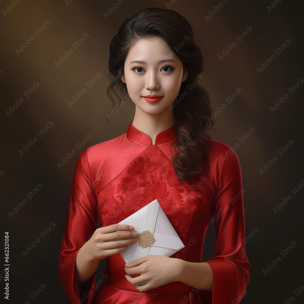 Realistic portrait of a Chinese girl with a red Chinese dress along with a red envelope, generative ai illustration. Realistic portrait of a Chinese girl with a red Chinese dress along with a red envelope, generative ai illustration.