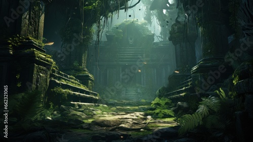 Landscape within a dense jungle  hiding ancient temples  overgrown vines  and mysterious encouraging players to unravel the secrets of the past game art