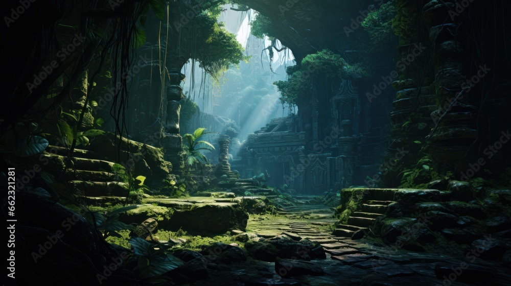 Obraz premium Landscape within a dense jungle, hiding ancient temples, overgrown vines, and mysterious encouraging players to unravel the secrets of the past game art