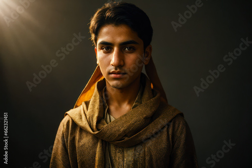 Portrait of the of the very young Afghan man wearing traditional Afghani clothing photo