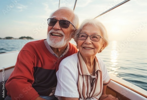 Concept of insurance and pension plans for retirement. Dedicated, retired senior, mature, elderly couple enjoying a sunset boat ride. 