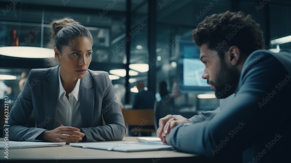 A manager sternly talks to a subordinate about their lack of teamwork in a high-tech office A manager sternly talks to a subordinate about their lack of teamwork in a high-tech office