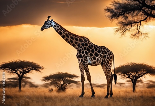 beautiful african giraffe at sunset beautiful african giraffe at sunset giraffe walking in the evening light in the savannah, africa, sunset time © Shubham