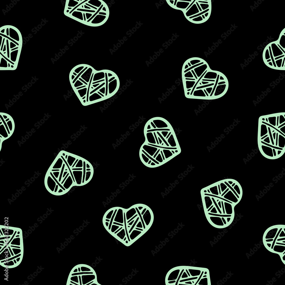Hand Drawn Seamless Patterns with Hearts in Doodle Style. Romantic Love Digital Paper for Valentines Day. Colorful Hearts on Black Background.