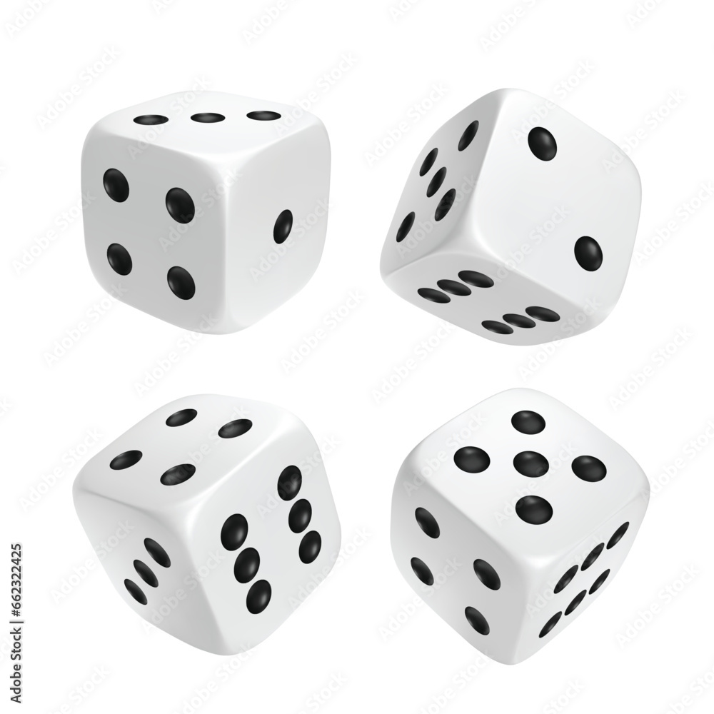 White photorealistic 3d cube for games. Dice icon in flight closeup isolated on white background. Vector illustration. White photorealistic 3d cube for games. Dice icon in flight closeup isolated on white background. Vector illustration.