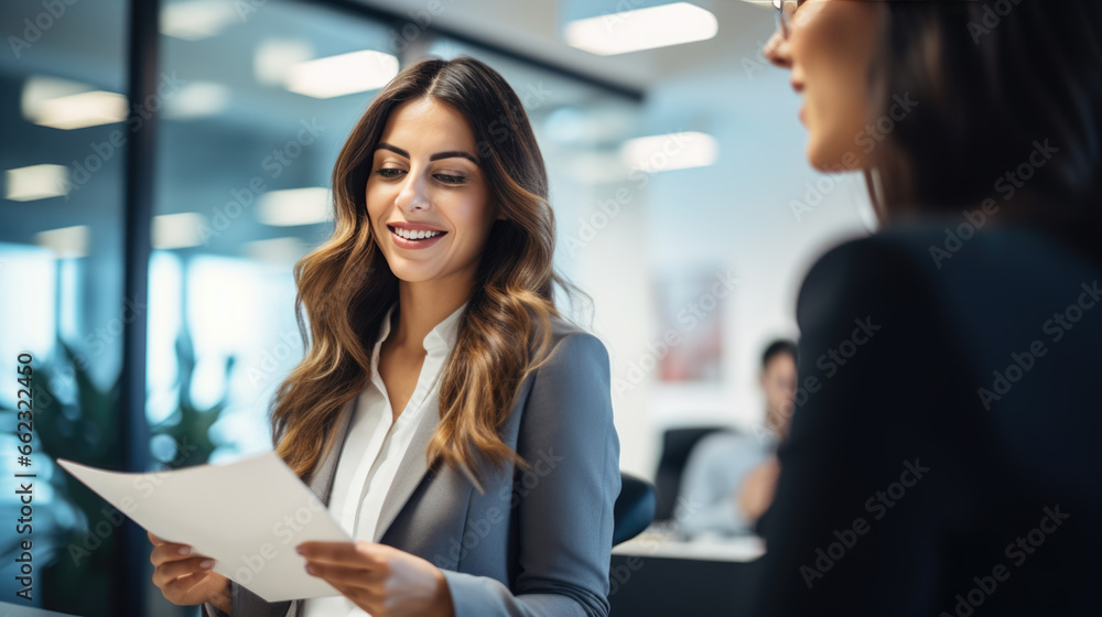 Young businesswoman holds up company reports during an office meeting Young businesswoman holds up company reports during an office meeting