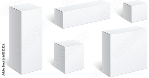 Set of Realistic white boxes. Cardboard package isolated on white background. For software, electronic devices and other products. Vector illustration.