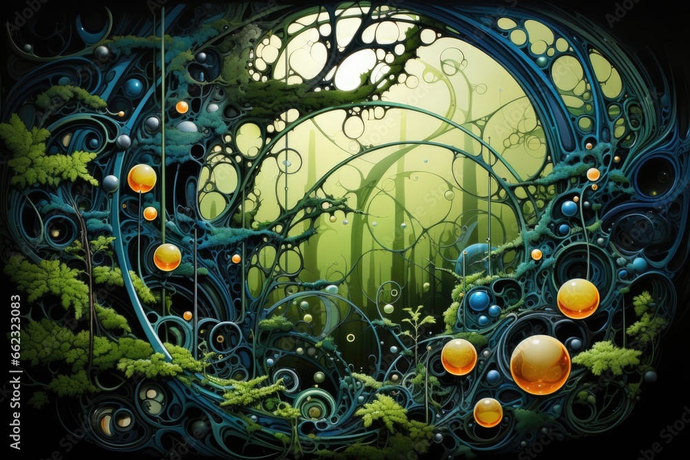 A painting of a forest with lots of bubbles. AI image.